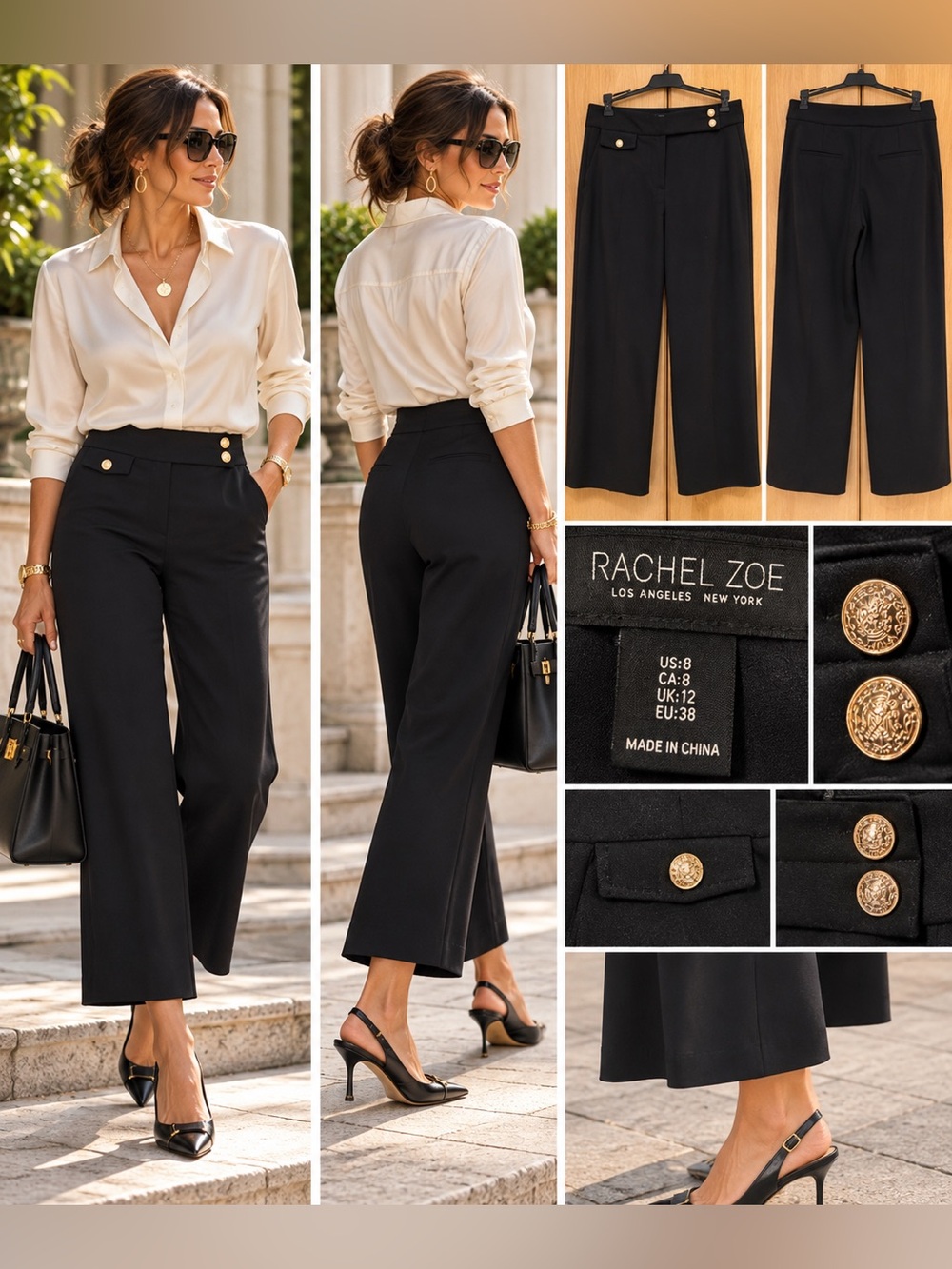 Rachel Zoe Black High-Rise Wide Leg Trousers with Gold Buttons